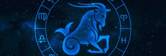 capricorn horoscope sign in twelve zodiac with galaxy stars background, graphic of polygon man thinking